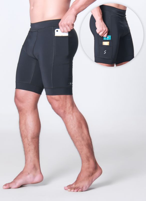 bermuda compressão masculina com bolsos porta celular corrida treino academia musculação preta